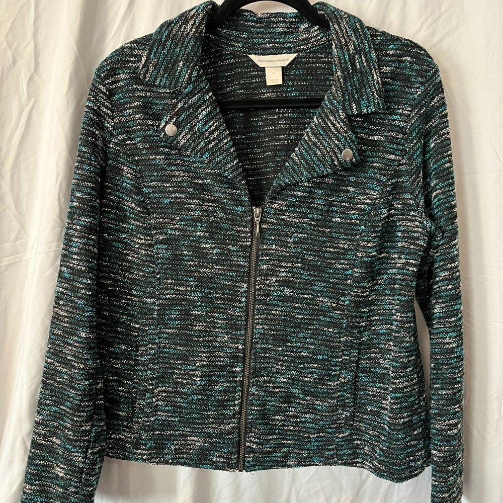 Christopher & Banks Black/Teal/White zip front blaze, sz L